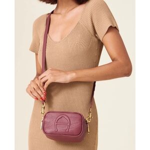 $198 Etienne Aigner Leather Adeline Logo Mini Camera Crossbody Burgundy Bag